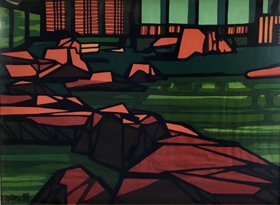 Lot 253 - Clifton Karhu woodblock print on fabric 1975, in glazed frame