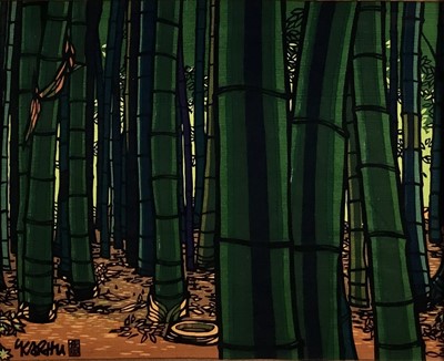 Lot 252 - Clifton Karhu woodblock on fabric 1975, in glazed frame