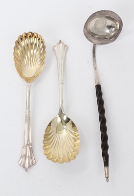 Lot 305 - Pair Victorian Albany pattern serving spoons, with shell bowls (Sheffield 1891) Harrison Brothers & Howson. All at approximately 6ozs. together with a Georgian silver toddy ladle with twisted whale...