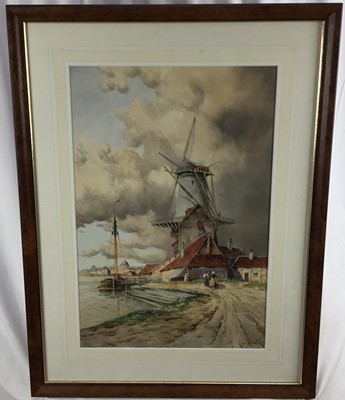 Lot 185 - Louis Van Staaten (1836-1909) watercolour, Mill near Zaandam, signed, 60cm x 40cm, in glazed frame