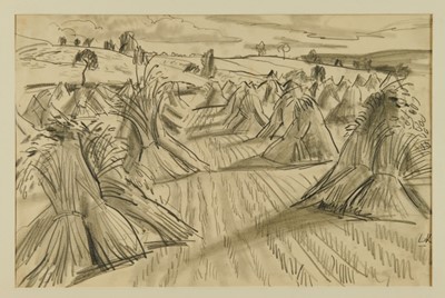 Lot 1052 - *Dame Laura Knight (1877-1970) pencil sketch - landscape with hay stooks, signed with initials, 25.5cm x 38cm