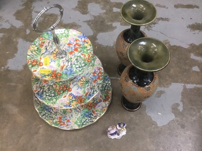 Lot 52 - Pair of Royal Doulton stoneware vases together with a three tier cake stand and copy of a Chelsea figure.