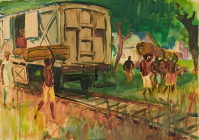 Lot 1013 - *Gerald Spencer Pryse (1882-1956) watercolour - Unloading Cotton bales, Jebba, 38.5cm x 54.5cm, titled verso, unframed