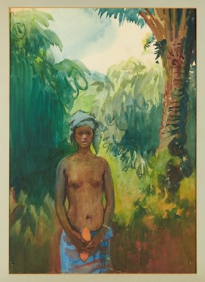 Lot 1041 - *Gerald Spencer Pryse (1882-1956) watercolour - woman with fruit, 38.5cm x 54cm, titled verso 'Ike', unframed