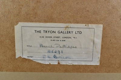 Lot 1044 - *John Cyril Harrison (1898-1985) watercolour - French Partidges, signed, 55cm x 75cm, in glazed gilt frame 
Provenance: The Tryon Gallery Ltd., Dover Street, London