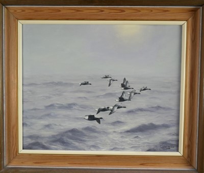 Lot 991 - Julian Novorol (b.1949) oil on board - North Sea Crossing, Brent Geese, signed and dated 1978, 40cm x 50cm, framed
