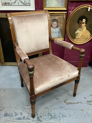 Lot 1445 - 19th century Continental mahogany and ormolu mounted open armchair, with showwood scroll and pad arms and seat on turned tapered legs