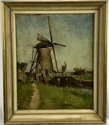 Lot 257 - John S. Gilduclack, late 19th century, oil on board - a windmill, Switzerland, titled and dated 1884 verso, 42cm x 34cm, framed