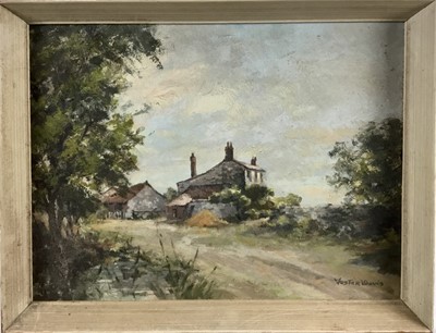 Lot 256 - Foster Davis, 20th century, oil on board of a shipyard in winter, 30cm x 40cm, together with two Foster Davis Norfolk lanscapes,28cm x 38cm, each signed and framed (3)