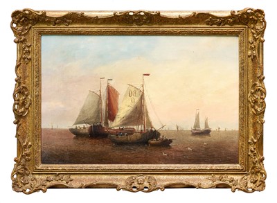 Lot 1280 - J. Classens, Dutch School, mid 19th century, oil on canvas - Vessels in Calm Waters, signed and dated 1858, 41cm x 65cm, in gilt frame