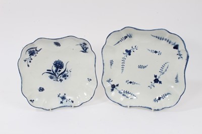 Lot 165 - A rare Worcester blue and white dish, circa 1775, of square form with scalloped corners, printed with the Carnation and Fruit Sprigs pattern, crescent mark to base, 21.5cm across, with a similar Wo...