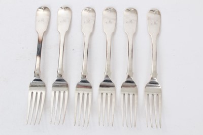 Lot 363 - Set of six Scottish silver Fiddle pattern dinner forks, with initial W (Edinburgh 1832)