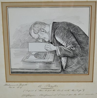 Lot 1219 - Sir Francis Carruthers Gould (1844-1925) pen and ink illustration - A Puzzler, from page 3 of the Westminster Gazette, November 10th 1909, monogrammed, inscribed to mount, image 18cm x 21cm, in gla...
