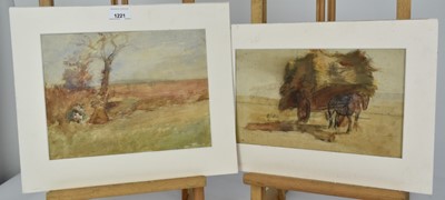 Lot 1221 - East Anglian School, early 20th century, two pencil and watercolour sketches, The Haycart and Rural Figures, 17cm x 28cm and 21cm x 27cm, mounted (2)