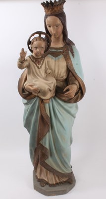 Lot 839 - Large plaster figure of Mary and Jesus, polychrome painted and raised on canted plinth