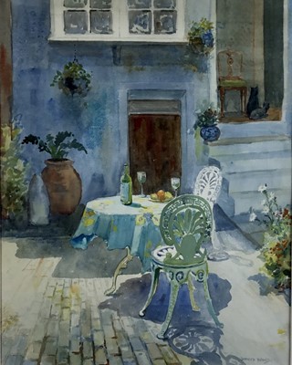 Lot 205 - David Wood (1933-1996) watercolour - 'Lunch in the Courtyard', signed, 58cm x 46cm, in glazed frame
