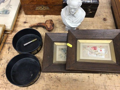 Lot 17 - A pair of Regency black lacquered bottle coasters with gilt foliate decoration, together with a pair of First World War framed silks, a Parian ware bust of Shakespeare, and a cased pipe