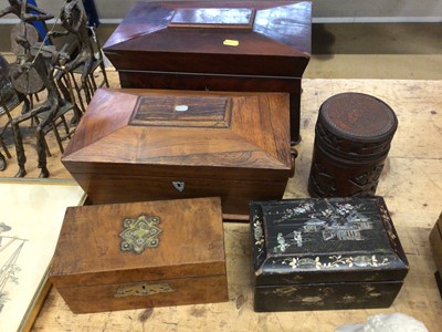 Lot 16 - Five tea caddies, including one Victorian rosewood and mother of pearl rosewood sarcophagus form, one similar in mahogany, a walnut caddy, a chinoiserie mother of pearl caddy and one Chinese bamboo...