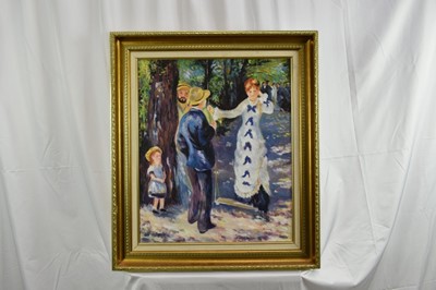 Lot 1209 - Attributed to Tom Keating (1917-1984) oil on canvas board after Pierre-Auguste Renoir - The Swing, bearing signature ‘Renoir 76’, 61cm x 51cm in gilt frame