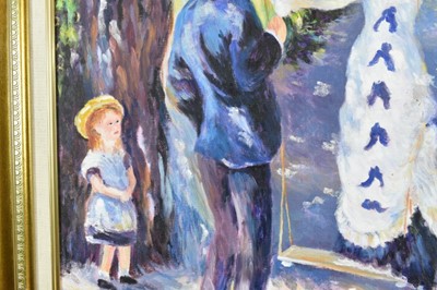 Lot 1209 - Attributed to Tom Keating (1917-1984) oil on canvas board after Pierre-Auguste Renoir - The Swing, bearing signature ‘Renoir 76’, 61cm x 51cm in gilt frame