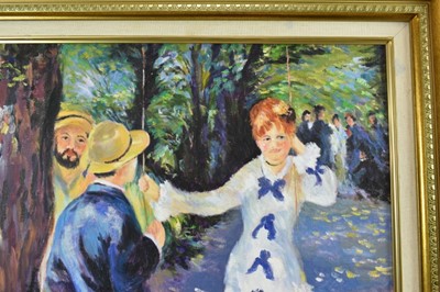 Lot 1209 - Attributed to Tom Keating (1917-1984) oil on canvas board after Pierre-Auguste Renoir - The Swing, bearing signature ‘Renoir 76’, 61cm x 51cm in gilt frame