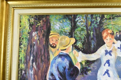 Lot 1209 - Attributed to Tom Keating (1917-1984) oil on canvas board after Pierre-Auguste Renoir - The Swing, bearing signature ‘Renoir 76’, 61cm x 51cm in gilt frame