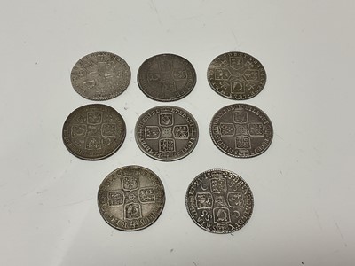 Lot 13 - G.B. - Mixed silver Shillings to include Anne 1708E G, 1711 AVF, George I R/SSC 1723 EF, George II R/Roses and Plumes 1737 GF-AVF, 1745 'Lima' VG-AF, 1758 GF and George III 1787 x 2 F-VF (8 coins)