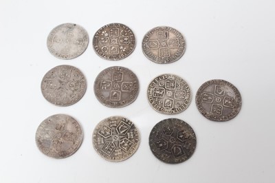 Lot 14 - G.B. - Mixed silver Six Pences to include William III 1696 AF, Anne 1711 x 2 GF-VF, George I SSC 1723 AF, George II Roses & Plumes 1732 GF, 1746 'Lima' AVF, 1757 AEF and George III 1787 x 3 ..