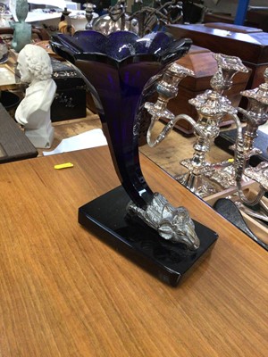 Lot 112 - A cut blue glass cornucopia with rams head mount