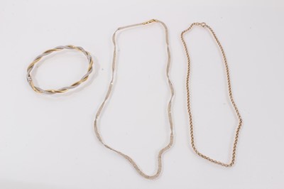 Lot 458 - 9ct white and yellow gold necklace and hinged bangle (2)