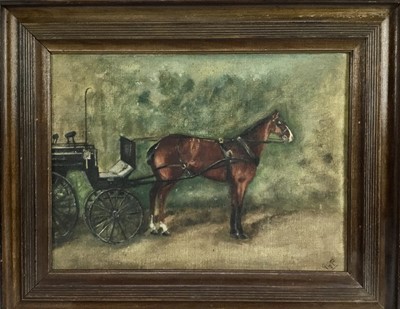 Lot 69 - Late 19th/ Early 20th century oil on canvas - horse and cart, 21.5cm x 29.5cm, framed