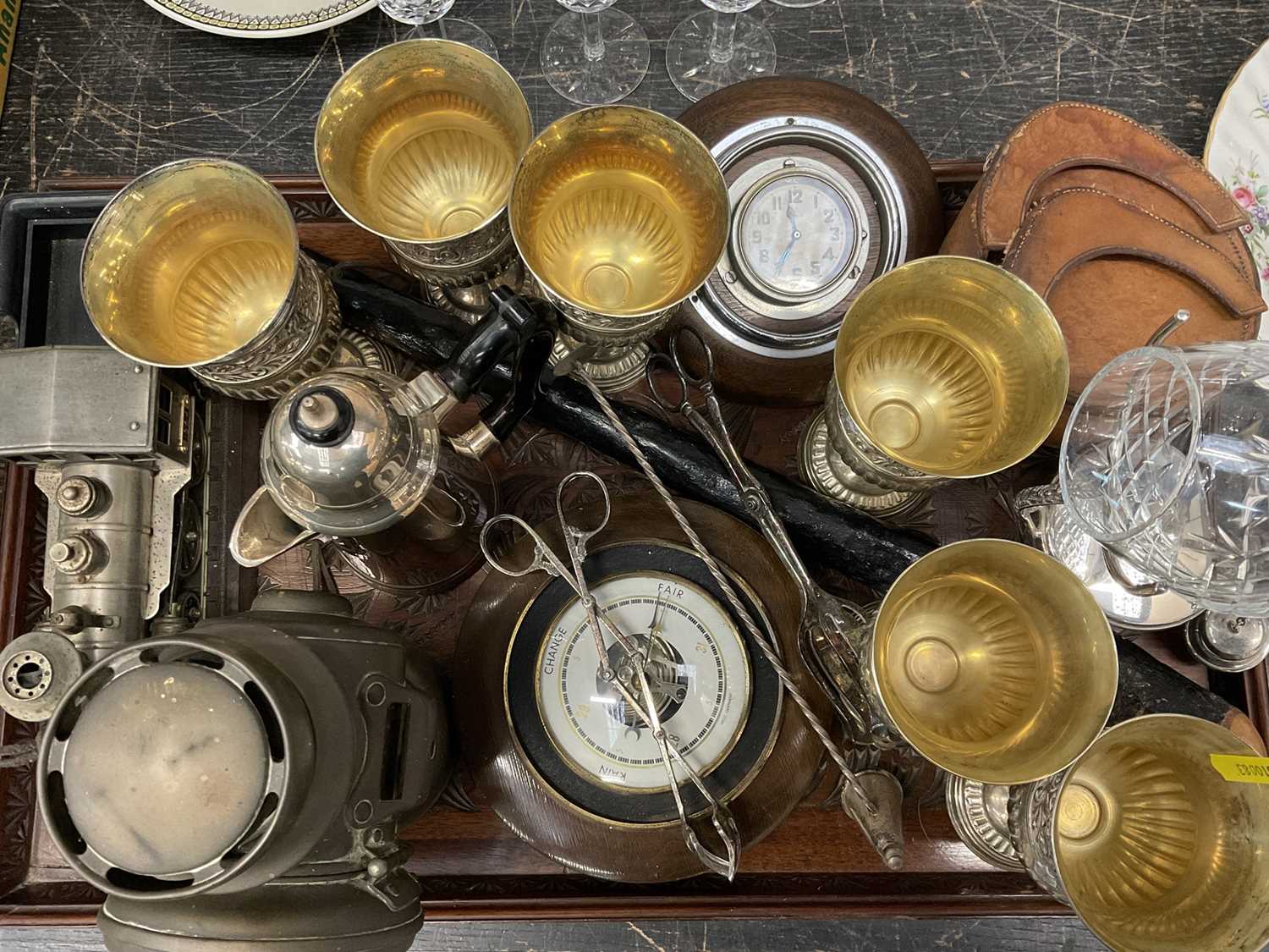 Lot 161 - Plated items barometer, ships clock, various other items
