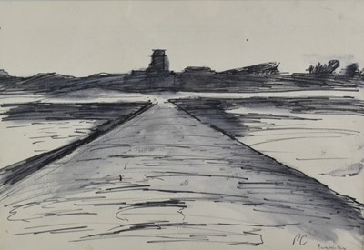 Lot 1149 - *Peter Coker RA (1926-2004) pen and wash - Harwich, monogrammed, titled and dated, 26cm x 38cm in glazed frame