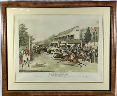 Lot 1038 - Charles Hunt, 19th century handcoloured engraving - 'Grand Stand Goodwood, Adine winning ..1853', published 1870, 62cm x 82cm, in glazed maple frame (107 x 88cm overall)