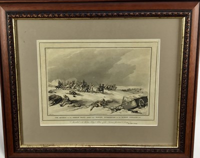 Lot 146 - Antique military engraving in glazed frame - 'The Retreat of The French Grand Army from Moscow, Intercepted by the Russian Cossacks'