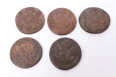 Lot 51 - Russia - Mixed copper 5 Kopek coins to include 1763 CM Scarce Fair, 1764 CM Scarce (N.B. Cleaning blemishes on reverse) otherwise GVF, 1776 EM GF/VG, 1789 AM VF/GF and 1792 AM GVF-AEF (5 coins)