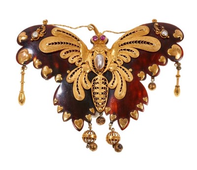 Lot 411 - 19th century gold and tortoiseshell butterfly brooch