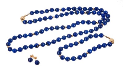 Lot 494 - Lapis lazuli bead necklace, bracelet and earrings with 14ct gold spacers
