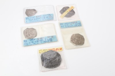 Lot 72 - Spain - Silver 17th century 'Cob' coinage found Lucayan Beach, Bahamas to include circa 1621-25 Philip IV 8 Reales, 4 Reales x 3 & 2 Reales (5 coins)