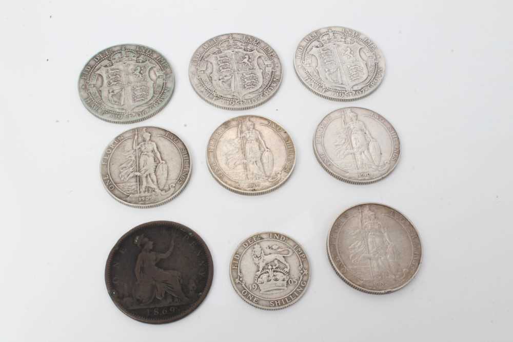 Lot 74 - G.B. - Mixed coinage to include bronze Victoria YH Penny 1869 G (rare), Edward VII silver Shilling 1905 VG (rare), Florins 1902 GF-AVF, 1903 GVF, 1909 F, 1910 GF/AVF, Half Crowns 1906 F, 1907 AF &...