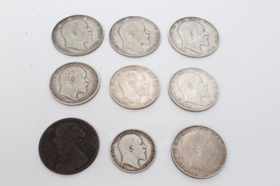 Lot 74 - G.B. - Mixed coinage to include bronze Victoria YH Penny 1869 G (rare), Edward VII silver Shilling 1905 VG (rare), Florins 1902 GF-AVF, 1903 GVF, 1909 F, 1910 GF/AVF, Half Crowns 1906 F, 1907 AF &...