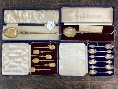 Lot 89 - George VI coronation silver gilt anointing spoon, cased, together with a similar cased anointing spoon with enamel inlay, also set of silver gilt anointing teaspoons and set of six coronati...