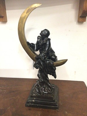 Lot 362 - After Colinet, bronze figure of Pierrot climbing a crescent moon on stepped marble base, 34cm high