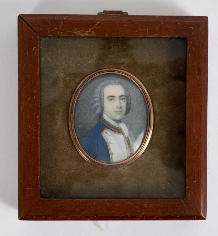 Lot 812 - Samuel Finney (1719-1798) watercolour miniature on ivory, Admiral Sir Charles Hardy, signed with initials, engraved as titled verso, in gilt glazed frame, 4.3 x 3.8cm, presented in glazed box frame...