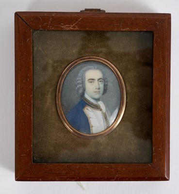 Lot 812 - Samuel Finney (1719-1798) watercolour miniature on ivory, Admiral Sir Charles Hardy, signed with initials, engraved as titled verso, in gilt glazed frame, 4.3 x 3.8cm, presented in glazed box frame...