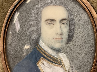 Lot 812 - Samuel Finney (1719-1798) watercolour miniature on ivory, Admiral Sir Charles Hardy, signed with initials, engraved as titled verso, in gilt glazed frame, 4.3 x 3.8cm, presented in glazed box frame...