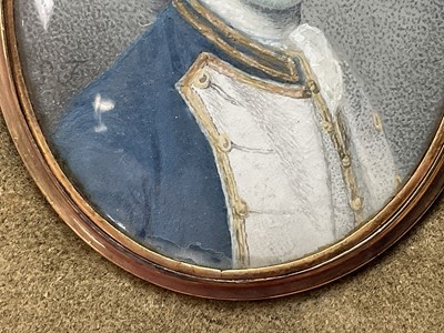 Lot 812 - Samuel Finney (1719-1798) watercolour miniature on ivory, Admiral Sir Charles Hardy, signed with initials, engraved as titled verso, in gilt glazed frame, 4.3 x 3.8cm, presented in glazed box frame...