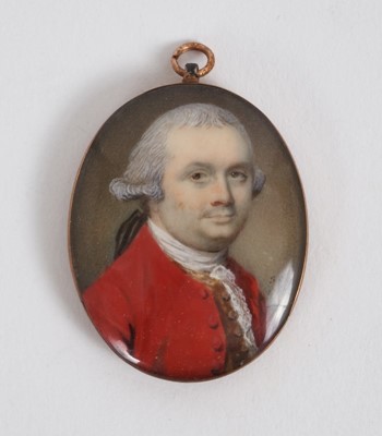 Lot 822 - Samuel Cotes (1734-1818) miniature watercolour portrait on ivory, depicting a gentleman in powdered wig and red coat, signed with initials and dated 1765, oval, 3.4 x 2.8cm, glazed gilt metal frame...