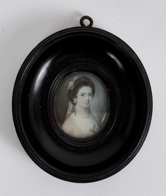 Lot 824 - Attributed to Samuel Cotes (1734-1818) watercolour miniature portrait on ivory, portrait of a lady wearing four strand pearl necklace and white dress and veil, apparently unsigned, oval, 4 x 3.1cm,...