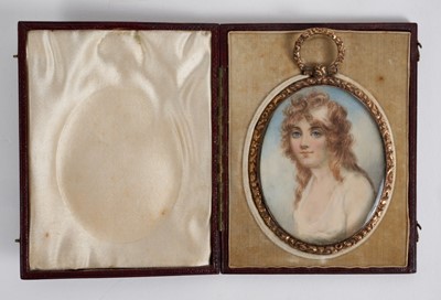 Lot 827 - Manner of Richard Cosway (1742-1821) miniature watercolour portrait on ivory, depicting a young lady with white dress, apparently unsigned, oval, 6.5 x 5cm, in glazed tooled gilt metal frame with h...